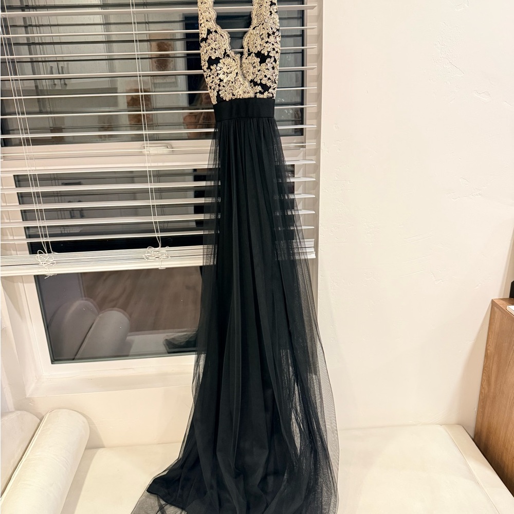 Luxe Tulle Black Dress with Gold Embroidery